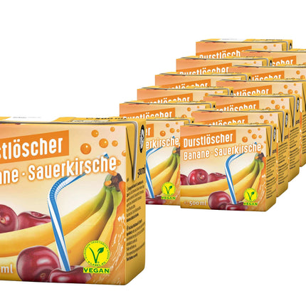 12er-Pack Durstlöscher Banane-Sauerkirsche (500 ml) – Fruchtiges Erfrischungsgetränk mit der einzigartigen Kombination aus süßer Banane und säuerlicher Sauerkirsche. Perfekt für einen intensiven und erfrischenden Geschmacksmoment. Angebot von GEtca GmbH.