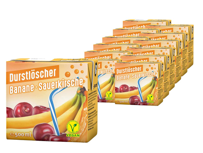 12er-Pack Durstlöscher Banane-Sauerkirsche (500 ml) – Fruchtiges Erfrischungsgetränk mit der einzigartigen Kombination aus süßer Banane und säuerlicher Sauerkirsche. Perfekt für einen intensiven und erfrischenden Geschmacksmoment. Angebot von GEtca GmbH.