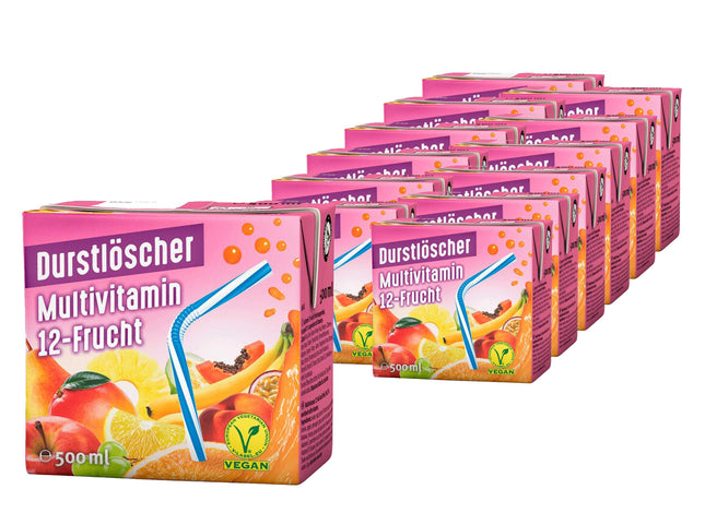 12er-Pack Durstlöscher Multivitamin 12-Frucht (500 ml) – Fruchtiges Erfrischungsgetränk mit einer vielseitigen Mischung aus zwölf verschiedenen Früchten. Perfekt für eine vitaminreiche und belebende Erfrischung. Angebot von GEtca GmbH.