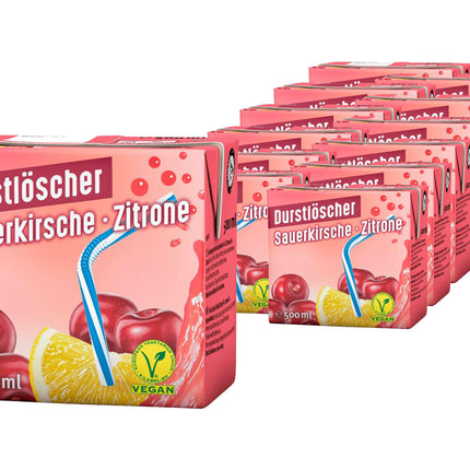 12er-Pack Durstlöscher Sauerkirsche-Zitrone (500 ml) – Erfrischendes Getränk mit der harmonischen Kombination aus säuerlicher Sauerkirsche und spritziger Zitrone. Perfekt für eine fruchtige und belebende Erfrischung. Angebot von GEtca GmbH.