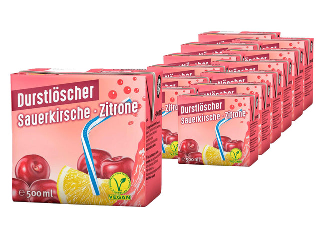 12er-Pack Durstlöscher Sauerkirsche-Zitrone (500 ml) – Erfrischendes Getränk mit der harmonischen Kombination aus säuerlicher Sauerkirsche und spritziger Zitrone. Perfekt für eine fruchtige und belebende Erfrischung. Angebot von GEtca GmbH.
