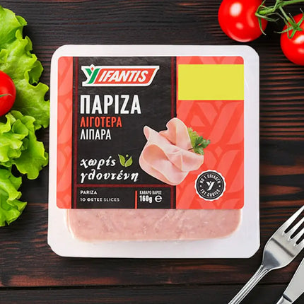 „Ifantis Pariza Fleischwurst in Scheiben 160 g – griechischer Wurstaufschnitt, fein geschnitten und verzehrfertig“.