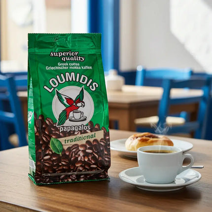Loumidis gemahlener Kaffee 490 g Detailansicht – kräftiges Aroma und feine Mahlung für griechischen Kaffee