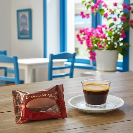 Vorderseite der Toumpourleka Sokolatopita 100g Verpackung – saftiger Schokoladenkuchen nach griechischer Rezeptur.