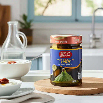 Feigen in Sirup von Papageorgiou 450 g – griechische Löffelsüßigkeit aus ausgewählten Feigen
Papageorgiou Feigen in Sirup Vorderansicht 450 g – authentische griechische Spezialität für Desserts und Süßspeisen
