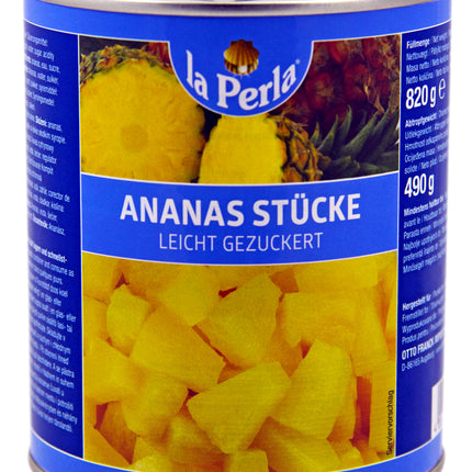 La Perla Ananas Stücke in der 820 g Dose mit 490 g Nettogewicht – saftige, sonnengereifte Ananasstücke in leicht gesüßtem Ananassaft, ideal für Desserts, Salate und warme Küche in Gastronomie und Großverbrauch. Dieses Produkt wird angeboten von Getca GmbH.
