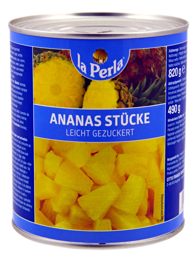 La Perla Ananas Stücke in der 820 g Dose mit 490 g Nettogewicht – saftige, sonnengereifte Ananasstücke in leicht gesüßtem Ananassaft, ideal für Desserts, Salate und warme Küche in Gastronomie und Großverbrauch. Dieses Produkt wird angeboten von Getca GmbH.