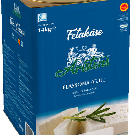 Aristeas Feta Käse, erhältlich als 7 kg oder 14 kg Block, traditioneller griechischer Käse aus Schafs- und Ziegenmilch mit würzig-salzigem Geschmack, angeboten von GEtca GmbH. Ideal für Gastronomie und Großverbraucher, perfekt für Salate, Backgerichte oder pur als Beilage.