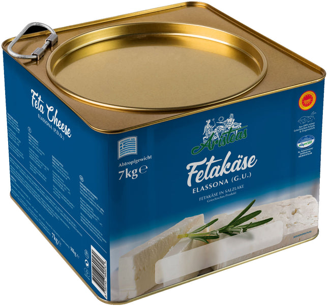 Aristeas Feta Käse, erhältlich als 7 kg oder 14 kg Block, traditioneller griechischer Käse aus Schafs- und Ziegenmilch mit würzig-salzigem Geschmack, angeboten von GEtca GmbH. Ideal für Gastronomie und Großverbraucher, perfekt für Salate, Backgerichte oder pur als Beilage.