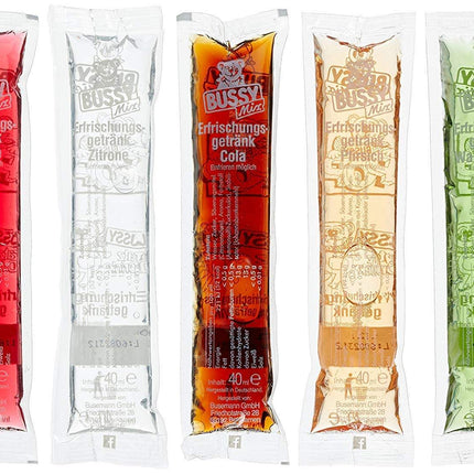 Bussy Mix Erfrischungsgetränke in 5 Geschmacksrichtungen: Kirsche, Zitrone, Cola, Pfirsich, Wassermelone
