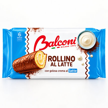 Balconi Rollino Milk 6 Stück – Serviervorschlag mit Milch und Schokoladenüberzug