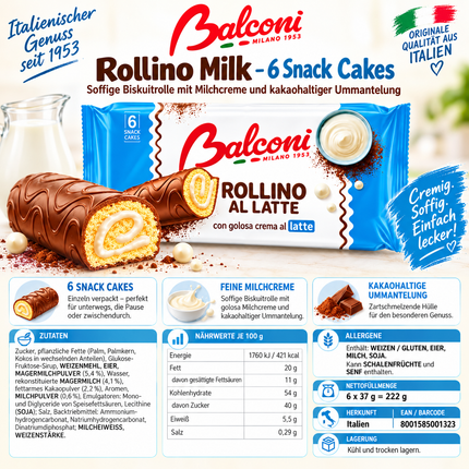 Balconi Rollino Milk – Biskuitrolle mit Milchcreme und kakaohaltiger Ummantelung