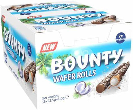 Bounty Wafer Rolls – knusprige Waffelröllchen mit köstlicher Kokoscreme-Füllung, umhüllt von zarter Schokolade, angeboten von der GEtca GmbH. Perfekt für alle, die die exotische Kombination aus Kokos und Schokolade lieben.