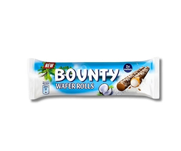 Bounty Wafer Rolls – knusprige Waffelröllchen mit köstlicher Kokoscreme-Füllung, umhüllt von zarter Schokolade, angeboten von der GEtca GmbH. Perfekt für alle, die die exotische Kombination aus Kokos und Schokolade lieben.