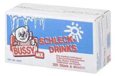 Bussy Wassereis – 200 Stück à 40 ml in fünf erfrischenden Sorten (Zitrone, Waldmeister, Kirsche, Cola, Pfirsich), angeboten von GEtca GmbH. Perfekte Abkühlung für heiße Tage!" 