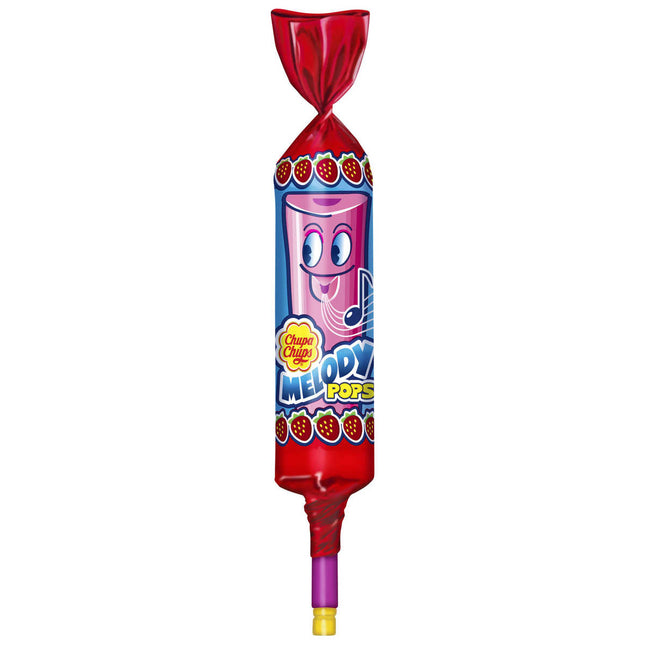 Die Packung Chupa Chups Melody Pops Strawberry enthält leckere Lutschbonbons mit einem fruchtigen Erdbeergeschmack, die gleichzeitig als kleine Flöten genutzt werden können – perfekt für einen spielerischen und musikalischen Genussmoment. Das Produkt wird von der GEtca GmbH angeboten.