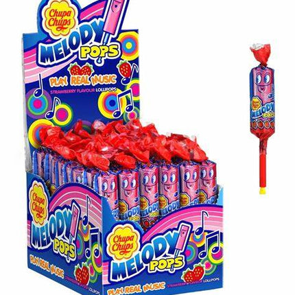 Die Packung Chupa Chups Melody Pops Strawberry enthält leckere Lutschbonbons mit einem fruchtigen Erdbeergeschmack, die gleichzeitig als kleine Flöten genutzt werden können – perfekt für einen spielerischen und musikalischen Genussmoment. Das Produkt wird von der GEtca GmbH angeboten.