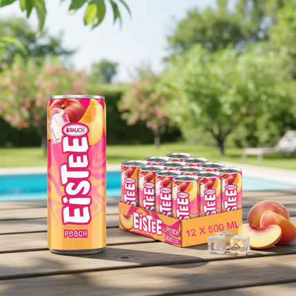 Rauch Eistee Peach mit Eiswürfeln