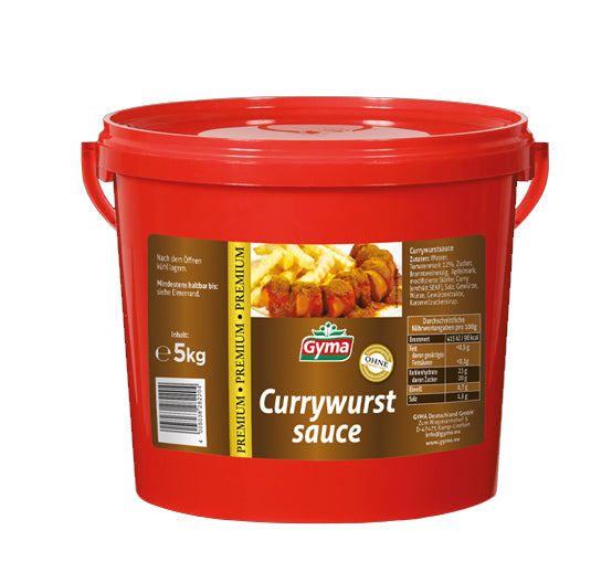 Gyma PREMIUM Currywurstsauce im 5 kg Kanister – fruchtig-würzige Tomatensauce mit milder Currynote, ideal für klassische Currywurst in Gastronomie und Imbiss. Dieses Produkt wird angeboten von Getca GmbH.