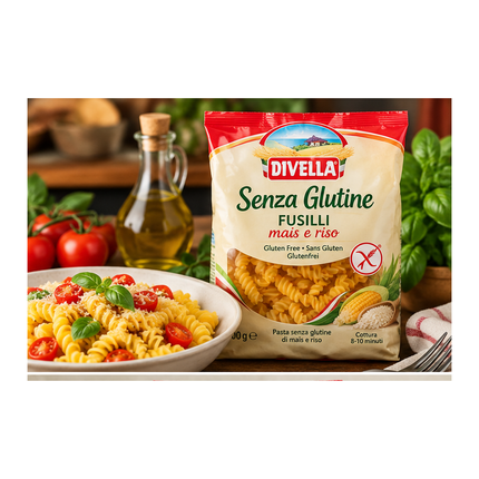 Divella Fusilli glutenfrei 400 g – Serviervorschlag mit Tomaten, Basilikum und Olivenöl