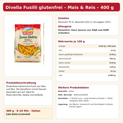 Divella Fusilli glutenfrei aus Mais und Reis 400 g – italienische glutenfreie Pasta
