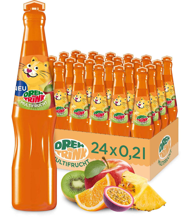 Dreh und Trink Multifrucht 200 ml ist ein fruchtiges Erfrischungsgetränk mit einer Mischung aus exotischen und heimischen Früchten. Es enthält Ananas-, Apfel-, Banane-, Kiwi-, Passionsfrucht- und Orangensaft und kommt in einer recyclefähigen Verpackung. Erhältlich bei GEtca GmbH.