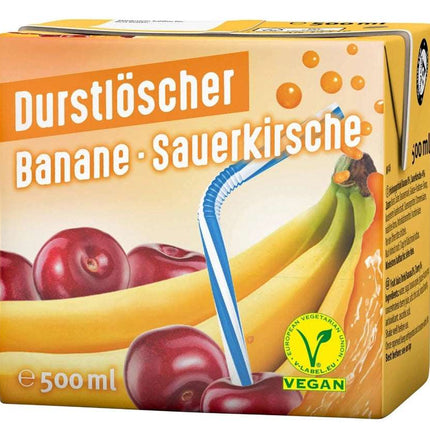 12er-Pack Durstlöscher Banane-Sauerkirsche (500 ml) – Fruchtiges Erfrischungsgetränk mit der einzigartigen Kombination aus süßer Banane und säuerlicher Sauerkirsche. Perfekt für einen intensiven und erfrischenden Geschmacksmoment. Angebot von GEtca GmbH.