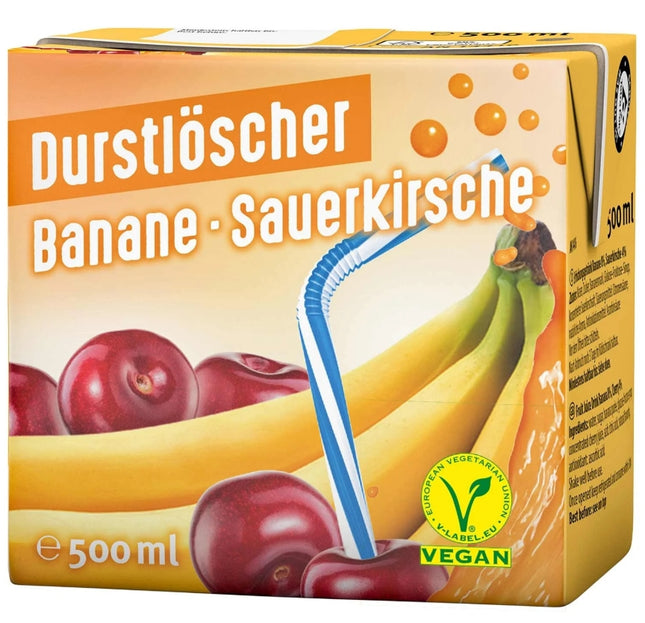 Durstlöscher Banane-Sauerkirsche 500 ml ist ein fruchtiges Erfrischungsgetränk mit einer harmonischen Mischung aus Bananen- und Sauerkirschgeschmack. Es enthält Bananenmark und konzentrierten Sauerkirschsaft, wodurch es eine süße und leicht säuerliche Note erhält. Erhältlich bei GEtca GmbH.