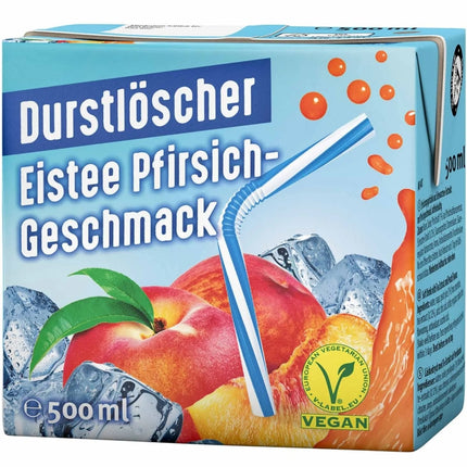 Durstlöscher Eistee Pfirsich 500 ml ist ein erfrischendes Getränk mit Tee-Extrakt und fruchtigem Pfirsichgeschmack. Es ist vegan, ohne Kohlensäure und ideal für unterwegs. Erhältlich bei GEtca GmbH.