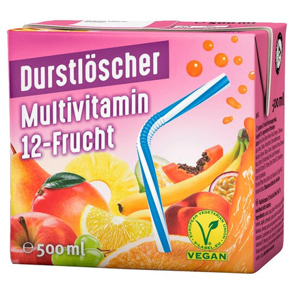 12er-Pack Durstlöscher Multivitamin 12-Frucht (500 ml) – Fruchtiges Erfrischungsgetränk mit einer vielseitigen Mischung aus zwölf verschiedenen Früchten. Perfekt für eine vitaminreiche und belebende Erfrischung. Angebot von GEtca GmbH.