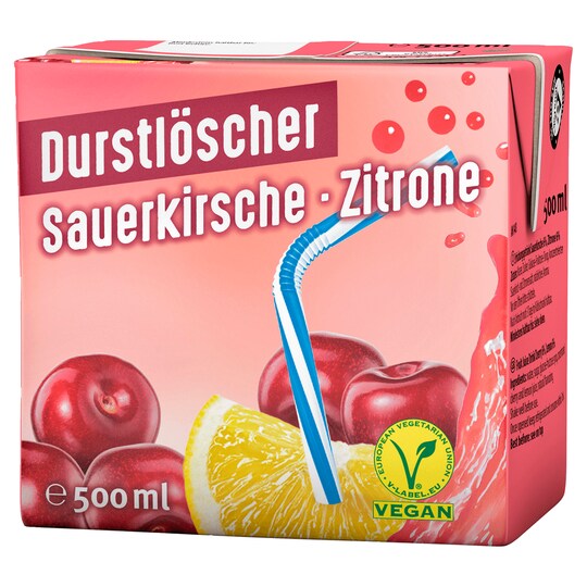 Durstlöscher Sauerkirsche-Zitrone 500 ml ist ein erfrischendes Getränk mit einer fruchtigen Mischung aus Sauerkirsche und spritziger Zitrone. Es enthält Apfelsaftkonzentrat und bietet eine ausgewogene Kombination aus Süße und Säure. Erhältlich bei GEtca GmbH.