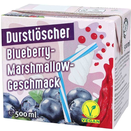 Durstlöscher Blueberry-Marshmallow 500 ml ist ein fruchtiges Erfrischungsgetränk mit Blaubeer- und Marshmallow-Geschmack. Es enthält Apfelsaftkonzentrat und bietet eine süße, cremige Note. Erhältlich bei GEtca GmbH.