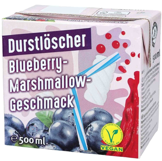 Durstlöscher Blueberry-Marshmallow 500 ml ist ein fruchtiges Erfrischungsgetränk mit Blaubeer- und Marshmallow-Geschmack. Es enthält Apfelsaftkonzentrat und bietet eine süße, cremige Note. Erhältlich bei GEtca GmbH.