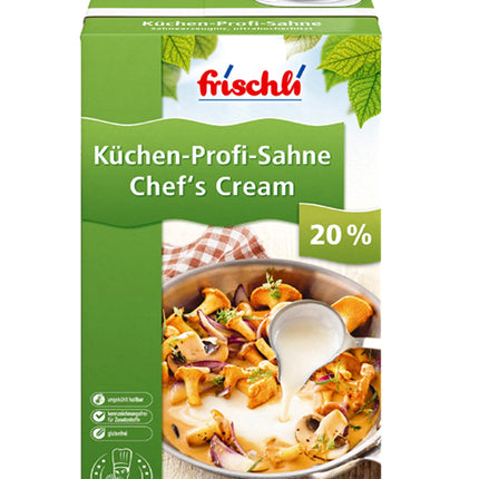 Produktabbildung der Frischli Küchen-Profi-Sahne mit 20 % Fett in der 1-Liter-Faltschachtel – kochstabile Sahne mit cremiger Konsistenz, ideal zum Verfeinern von Saucen, Suppen und Gemüsegerichten in Gastronomie und Großküche. Dieses Produkt wird angeboten von Getca GmbH.