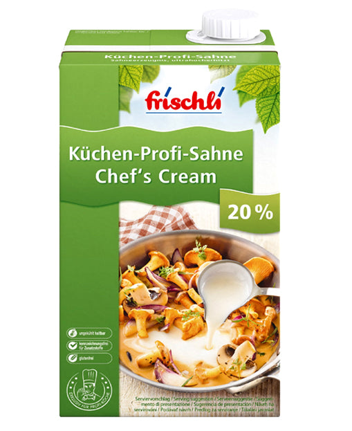 Produktabbildung der Frischli Küchen-Profi-Sahne mit 20 % Fett in der 1-Liter-Faltschachtel – kochstabile Sahne mit cremiger Konsistenz, ideal zum Verfeinern von Saucen, Suppen und Gemüsegerichten in Gastronomie und Großküche. Dieses Produkt wird angeboten von Getca GmbH.