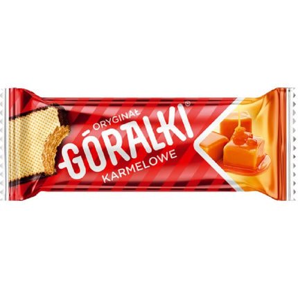 Góralki Karamell Waffel – knusprige Waffel mit cremiger Karamellfüllung, umhüllt von zarter Schokolade, angeboten von der GEtca GmbH. Perfekt für alle, die den süßen Geschmack von Karamell und Waffeln genießen möchten.
