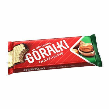 Góralki Nuss Waffel – knusprige Waffel mit cremiger Nussfüllung, umhüllt von zarter Schokolade, angeboten von der GEtca GmbH. Perfekt für alle, die den harmonischen Geschmack von Waffel, Nuss und Schokolade genießen möchten.