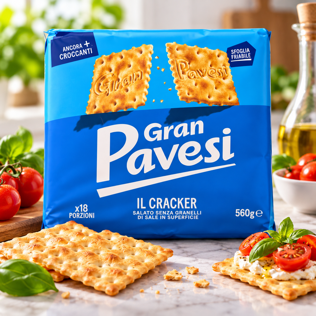 Gran Pavesi Cracker Salato 560 g – italienische Salzcracker ohne Salzkörner auf der Oberfläche, blaue Originalverpackung mit 18 Portionen.
 Kopieren