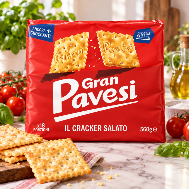 Gran Pavesi il Cracker Salato 560 g – knusprige italienische Salzcracker in roter Originalverpackung mit 18 Portionen.