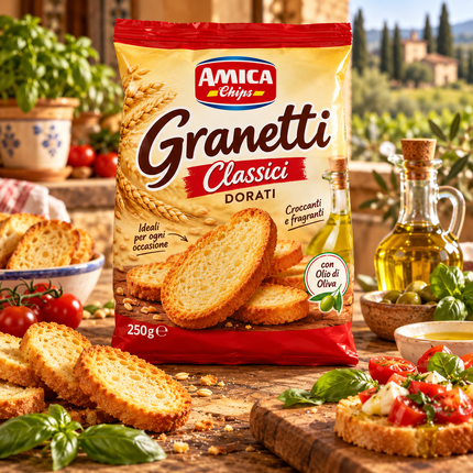 1. Amica Chips Grillet Dorati 250 g mit Bruschetta, Tomaten und Basilikum