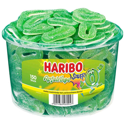 150er-Eimer Haribo Apfelringe sauer (1200 g) – Fruchtige und saure Apfelringe mit intensivem Geschmack und weicher Konsistenz. Perfekt für eine spritzige Nascherei. Angebot von GEtca GmbH.