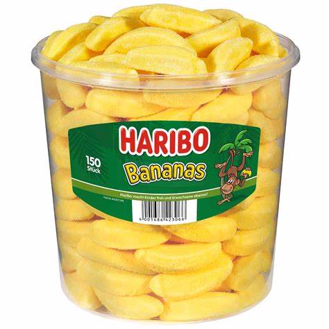 150er-Pack Haribo Bananas (1050 g) – Weiche Schaumzucker-Bananen mit intensivem Bananen-Geschmack. Perfekt für eine süße und fluffige Nascherei. Angebot von GEtca GmbH.