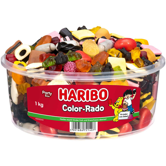 Haribo Color-Rado Dose (1 kg) – Bunte Mischung aus Fruchtgummi, Lakritz und Schaumzucker für abwechslungsreichen Naschspaß. Perfekt für Liebhaber klassischer Haribo-Sorten. Angebot von GEtca GmbH.
