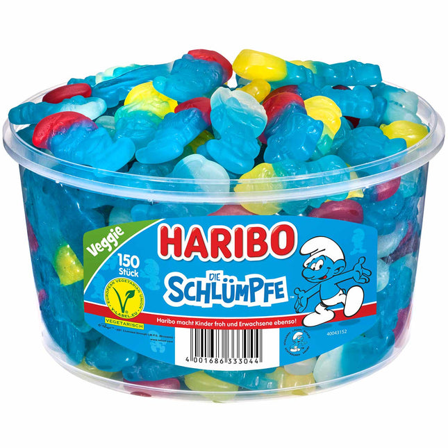 150er-Pack Haribo Die Schlümpfe veggie (1350 g) – Fruchtige Gummifiguren mit den Geschmacksrichtungen Himbeere, Erdbeere und Zitrone. Perfekt für eine vegane und bunte Nascherei. Angebot von GEtca GmbH.