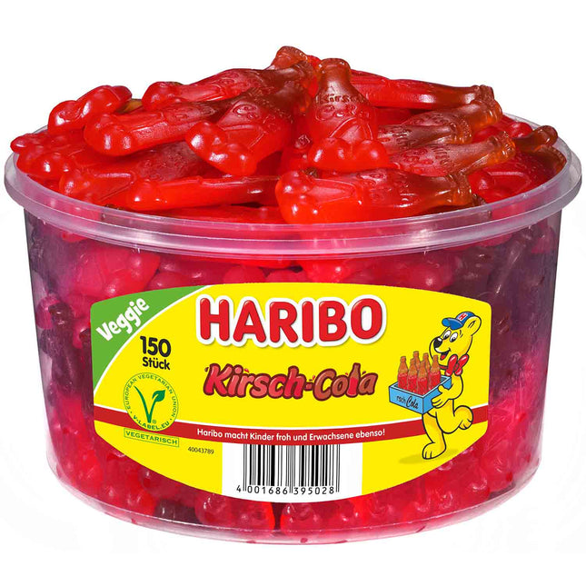 150er-Pack Haribo Kirsch-Cola veggie (1350 g) – Fruchtige Gummibonbons mit der einzigartigen Kombination aus Kirsch- und Cola-Geschmack. Perfekt für eine vegane und spritzige Nascherei. Angebot von GEtca GmbH.