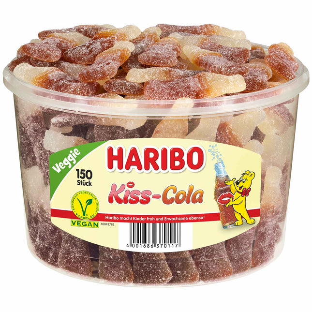 150er-Pack Haribo Kiss-Cola veggie (1350 g) – Fruchtige Gummibonbons mit intensivem Cola-Geschmack. Perfekt für eine vegane und spritzige Nascherei. Angebot von GEtca GmbH.