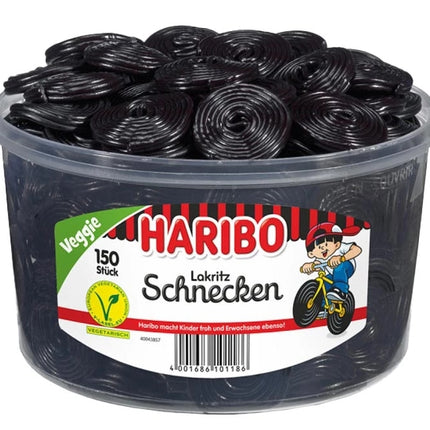 Haribo Lakritz Schnecken – Weiche Lakritzrollen mit intensivem Süßholzgeschmack in kultiger Schneckenform. Ideal für Lakritzliebhaber und große Naschmomente. Angebot von GEtca GmbH.