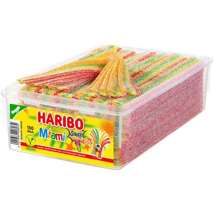 150er-Pack Haribo Miami sauer veggie (1125 g) – Fruchtige Kaubonbons mit spritziger Säure für ein intensives Geschmackserlebnis. Perfekt für eine vegane und aufregende Nascherei. Angebot von GEtca GmbH.