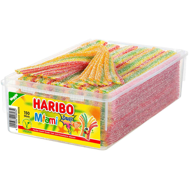 150er-Pack Haribo Miami sauer veggie (1125 g) – Fruchtige Kaubonbons mit spritziger Säure für ein intensives Geschmackserlebnis. Perfekt für eine vegane und aufregende Nascherei. Angebot von GEtca GmbH.