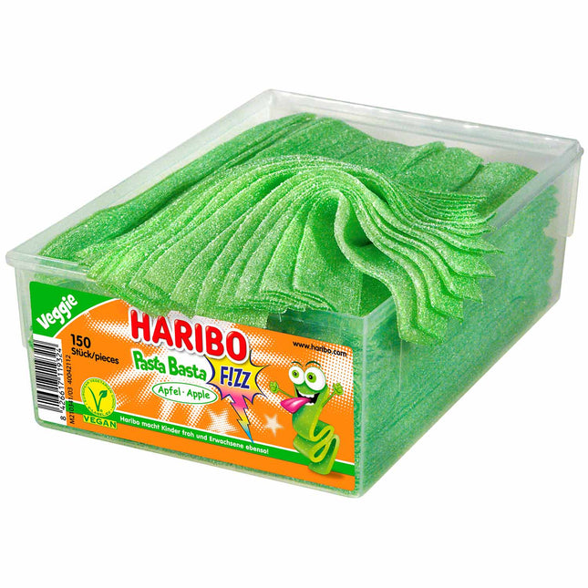 150er-Pack Haribo Pasta Basta Apfel FIZZ veggie (1125 g) – Fruchtige Kaubonbons mit intensivem Apfelgeschmack und spritziger Säure. Perfekt für eine vegane und aufregende Nascherei. Angebot von GEtca GmbH.